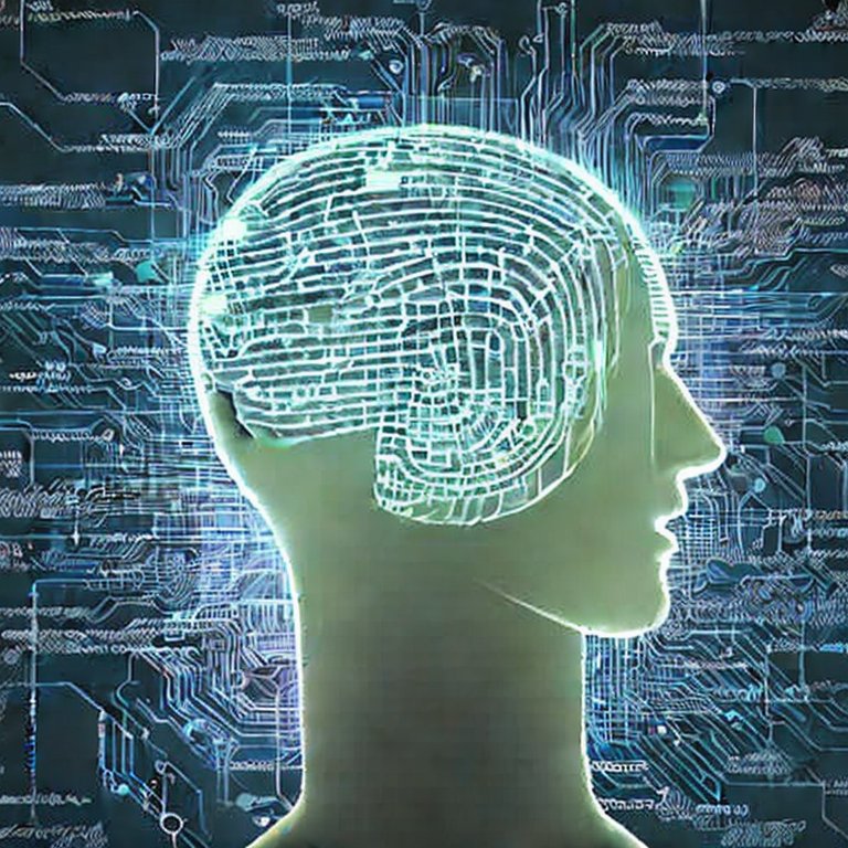 representación de inteligencia artificial, se puede ver una cabeza con muchos circuitos